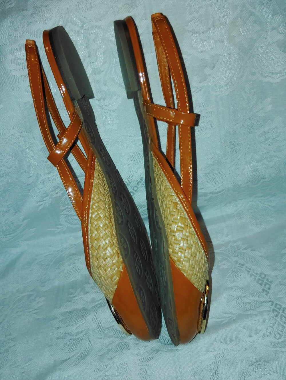 Tory Burch Raffia Patent Leather Logo Flat Slingbacks Orange Sz 8 M - Picture 7 of 8